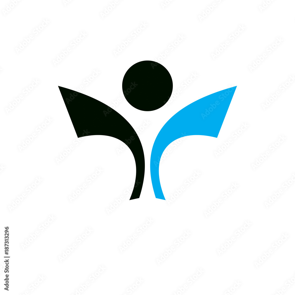 Vector illustration of joyful abstract individual with raised hands up. Successful business career abstract logo. Corporate development icon. Freedom creative symbol.