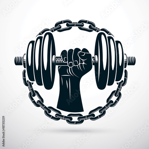 Vector illustration of athletic sportsman biceps arm holding dumbbell and surrounded by iron chain, symbol of strength and healthy lifestyle. Fitness workout.