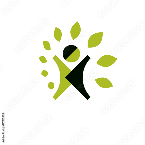 Vector illustration of excited abstract person with raised hands up. Go green idea creative logo. Healthy lifestyle metaphor. Vegetarian theme icon.
