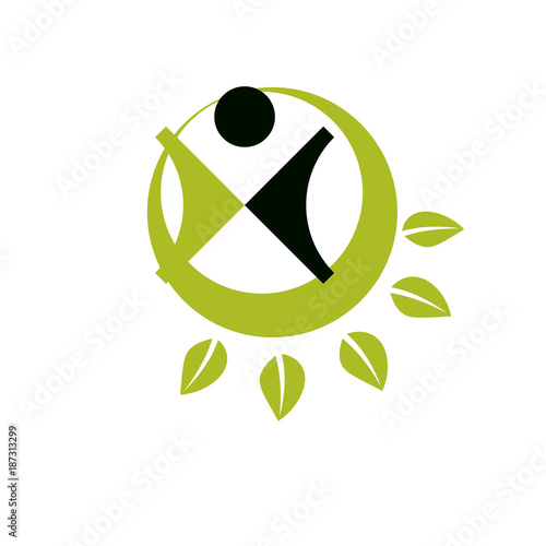 Vector illustration of excited abstract person with raised hands up. Go green idea creative logo. Healthy lifestyle metaphor. Environmental conservation theme symbol.