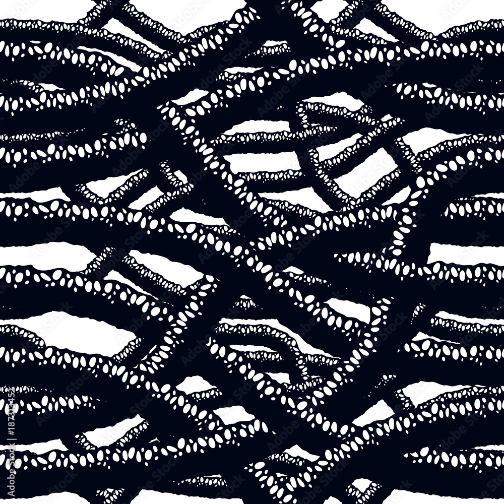 Obraz premium Disgusting horror and nightmare seamless pattern, vector background. Tangled roots or gut biological life form weird endless illustration. 