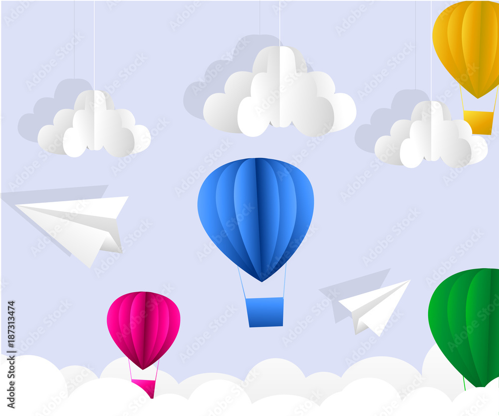 illustration of clouds, suns and hot air balloon origami flying on the sky on the sky.paper art style. illustration of clouds, suns and hot air balloon origami flying on the sky on the sky.paper art style.
