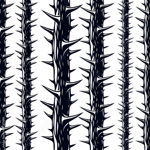 Horror art style horrible seamless pattern, vector background. Blackthorn branches with thorns stylish endless illustration. Hard Rock and Heavy Metal subculture music textile fashion stylish design.