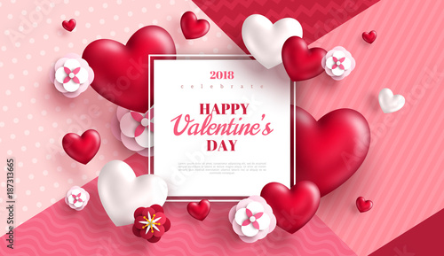 Valentines Day hearts and flowers with frame