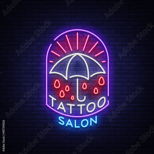 Tattoo salon logo in a neon style. Neon sign, emblem, umbrella symbol, light billboards, night shining banner, neon bright advertising on a tattoo theme, for tattoo salon, studio. Vector illustration