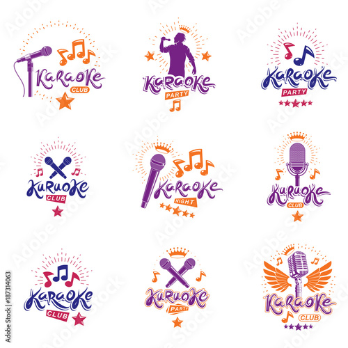 Collection of vector design elements which can be best used for karaoke theme emblems and posters composition. Leisure and relaxation lifestyle presentation, carnival concept.