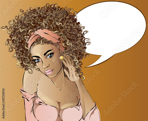 Pin up style sexy Afro woman portrait with speech bubble, vector illustration