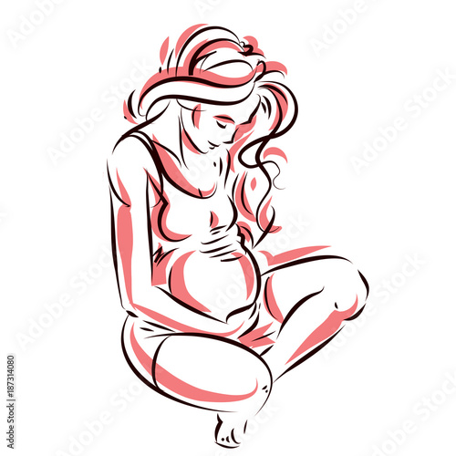 Pregnant female beautiful body outline, mother-to-be vector drawn illustration. Happiness and caring theme. Mothers day.
