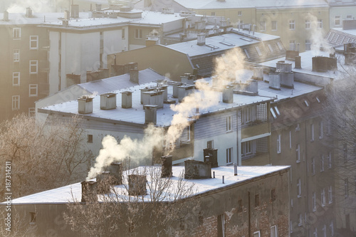 Plakat Dymiące kominy w Szczecinie o wschodzie słońca wskazują na spalanie drewna i węgla w starych domowych systemach grzewczych. Mieszkańcy wielu polskich miast narzekają na rosnące problemy zdrowotne spowodowane zanieczyszczeniem powietrza.