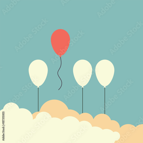 Minimalist retro stile. Stand out from the crowd and different concept , One red balloon flying away from other white balloons  . vector illustration eps10