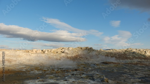 A steam of thermal springs and clouds in the sky