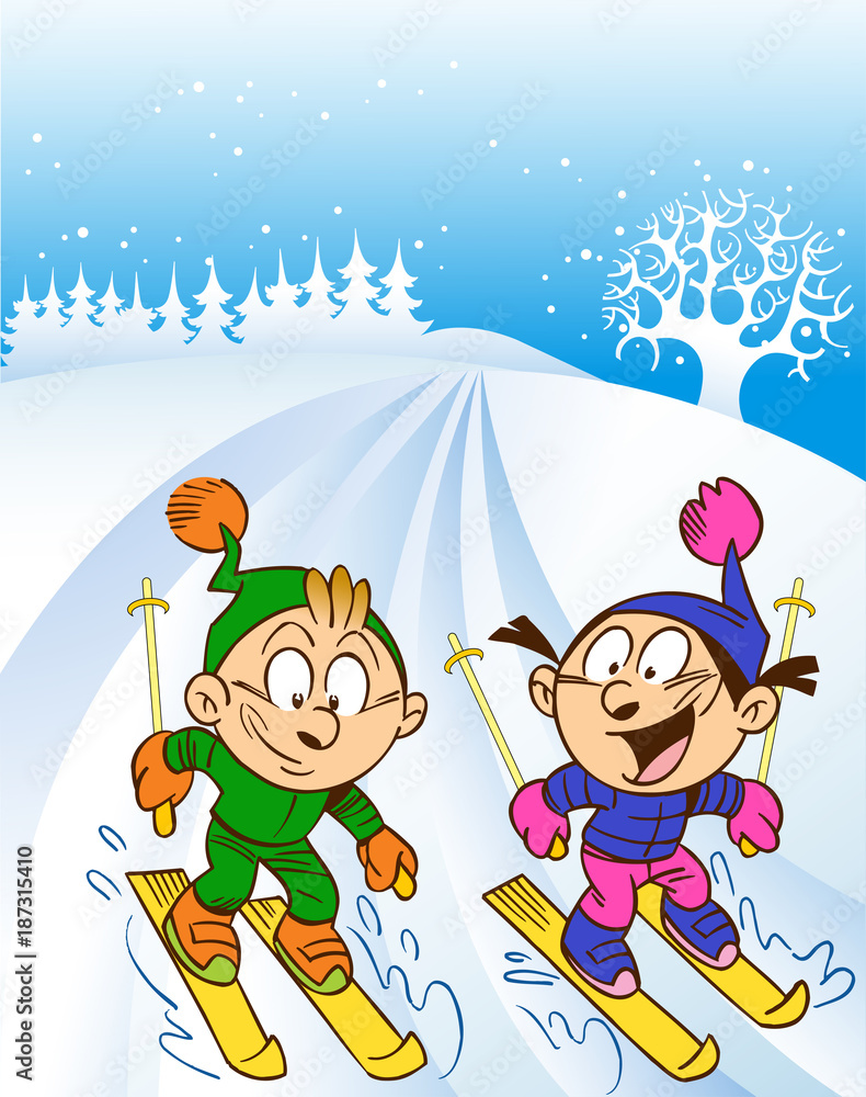Naklejka premium The illustration shows a children skiing. Children skiing from the mountain. Illustration done in cartoon style, on separate layers.