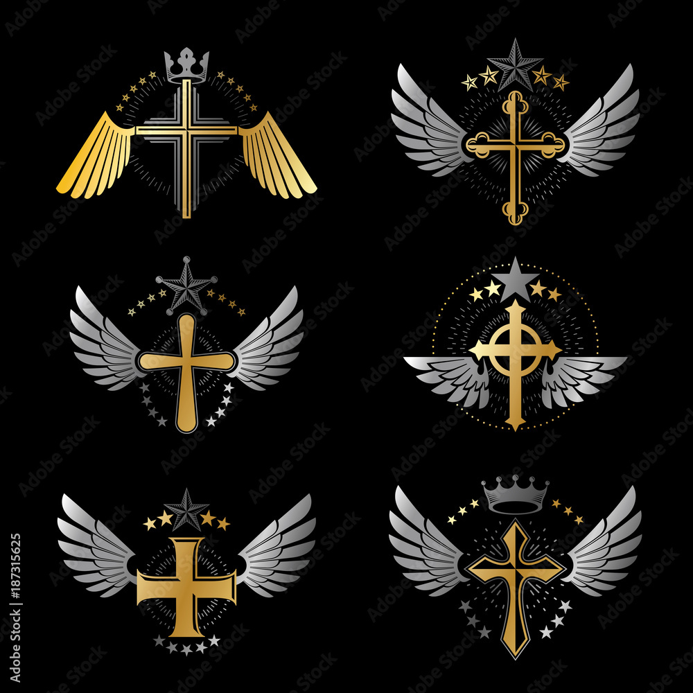 Christian Crosses emblems set. Heraldic Coat of Arms decorative logos isolated vector illustrations collection. Christian Crosses emblems set. Heraldic Coat of Arms decorative logos isolated vector illustrations collection.