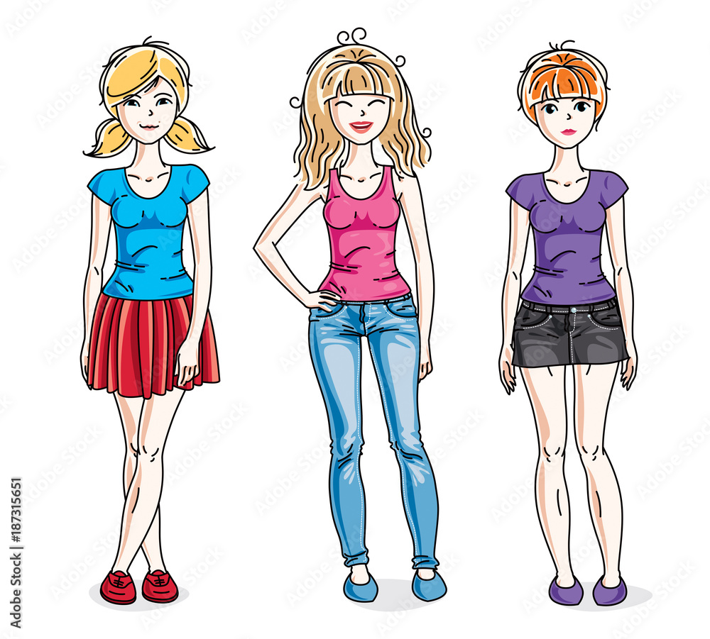 Happy cute young women group standing wearing fashionable casual clothes. Vector set of beautiful people illustrations. Happy cute young women group standing wearing fashionable casual clothes. Vector set of beautiful people illustrations.