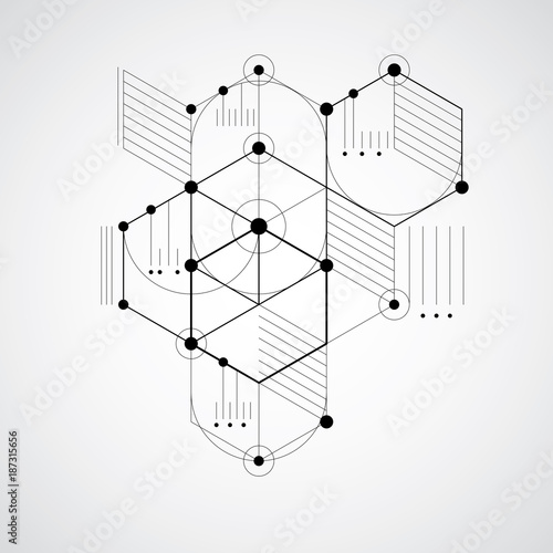 Modular Bauhaus vector background, created from simple geometric figures like hexagons, circles and lines. Best for use as advertising poster or banner design. Abstract mechanical scheme. photo