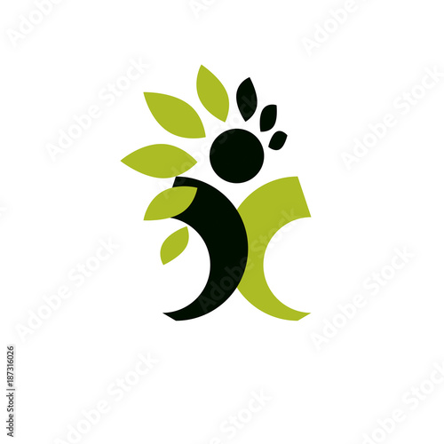 Vector illustration of happy abstract human with reaching up. Go green idea creative logo. Vegetarian theme logotype. Wanderlust and countryside vacation icon.