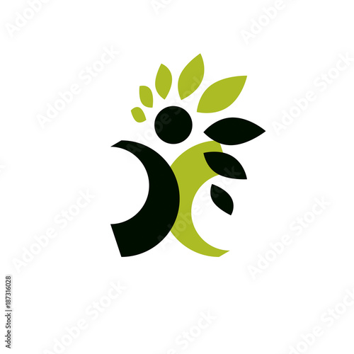 Vector illustration of happy abstract human with reaching up. Go green idea creative logo. Ecotourism conceptual icon. Downshifting symbol.
