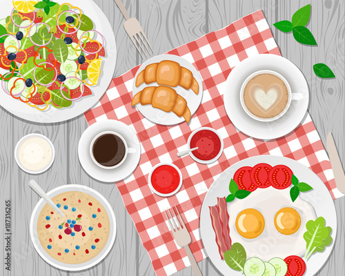 Vector illustration of healthy breakfast on the table. Fried egg