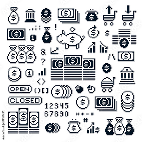Set of vector retro signs made in pixel art style. Economics and investment theme geometric pixilated symbols.