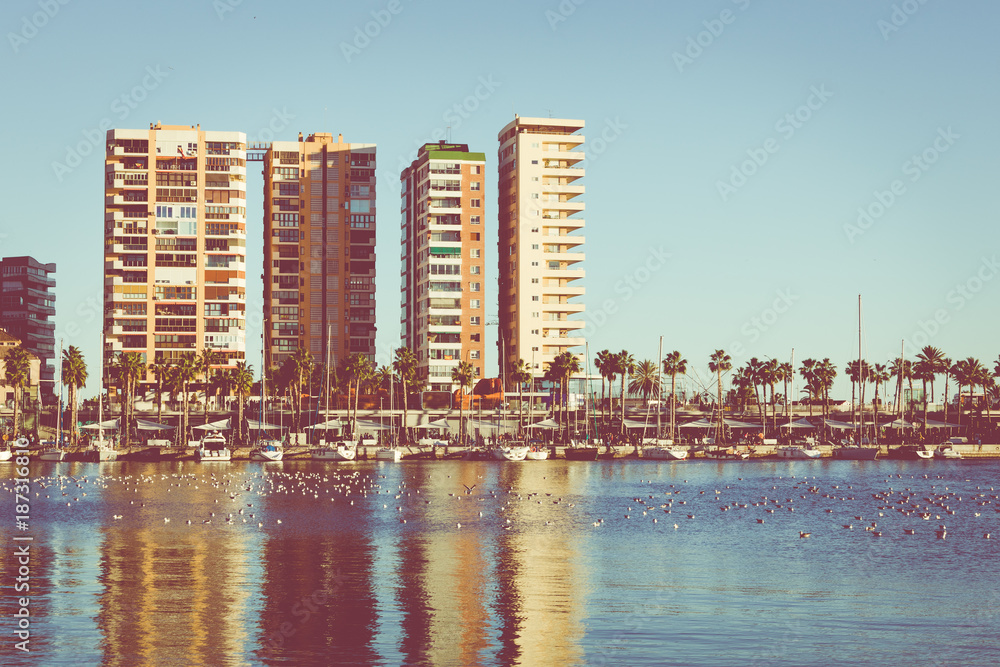 Fototapeta premium Panoramic view at the Marina place in Malaga. Malaga is the second-most populous city of Andalusia and the sixth-largest in Spain.