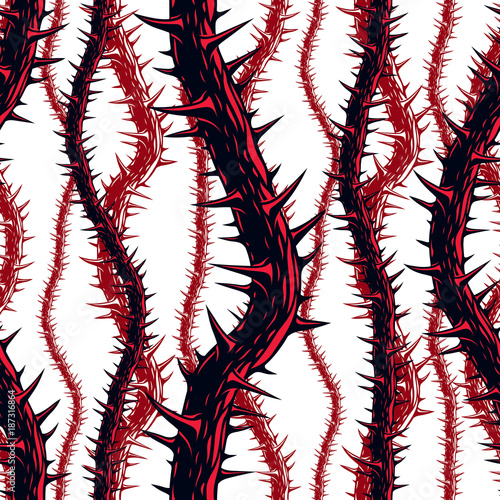 Disgusting horror art and nightmare seamless pattern, vector background. Blackthorn branches with thorns stylish endless illustration. Hard Rock and Heavy Metal subculture music 