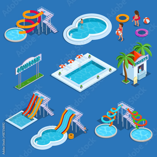 Water park and swimming pool isometric vector illustration