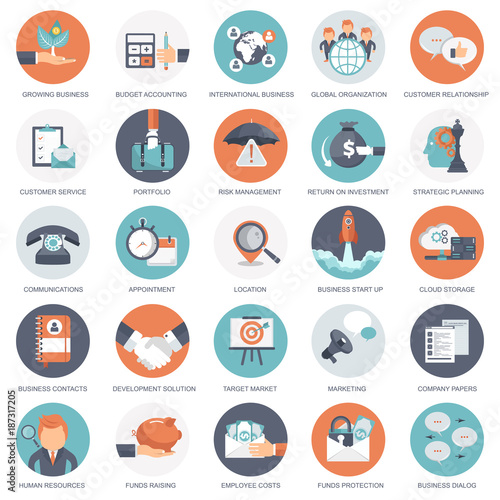 Business, management and finances icon set. Flat vector illustration
