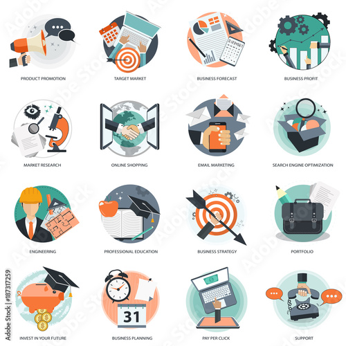 Business and management icon set for website development and mobile phone services and apps. Flat vector illustration.
