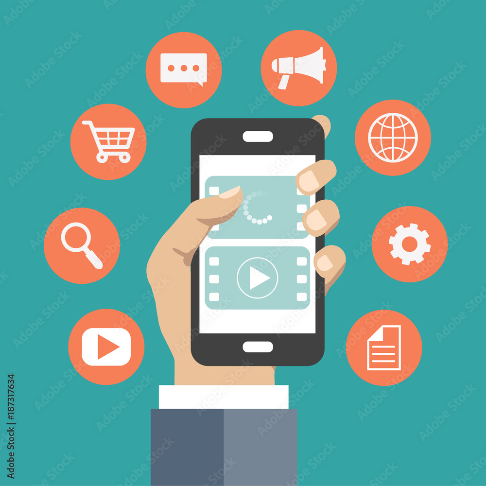 Mobile application concept. Hand holding the phone with icons around it. Flat vector illustration. Mobile application concept. Hand holding the phone with icons around it. Flat vector illustration.