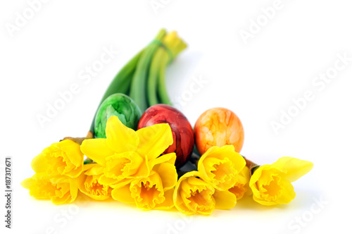 bunch fresh daffodil with easter eggs on white isolated background