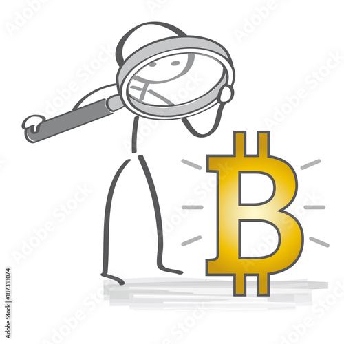 Bitcoin Analyse. Strichmännchen analysiert Kryptowährungs Symbol mit Lupe