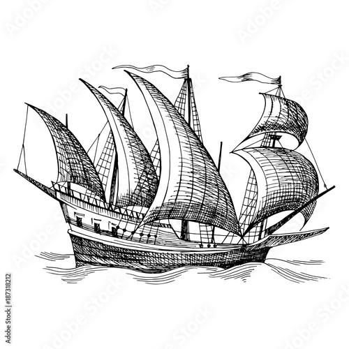 Old caravel, vintage sailboat. Hand drawn vector sketch.