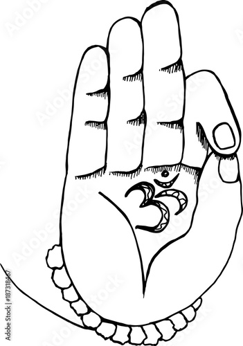 The arm of the shiva with ohm. Black and white illustration of hands and rudraksh