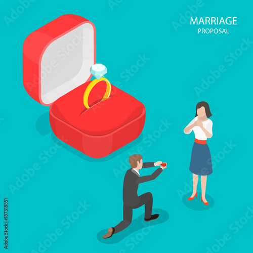 Marriage proposal flat isometric vector. Man with a ring in his hands is standing on his knee in front of a girl. In the scene background is a huge red box and a ring with diamond inside it.