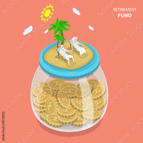 Retirement fund flat isometric vector concept. Aged couple is laying on the beach chairs on the sea shore that located on the top of the huge glass jar with coins.