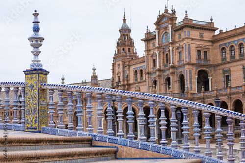 Plaza de Espana blue balustrade detail in Sevilla, Andalusia, Spain.