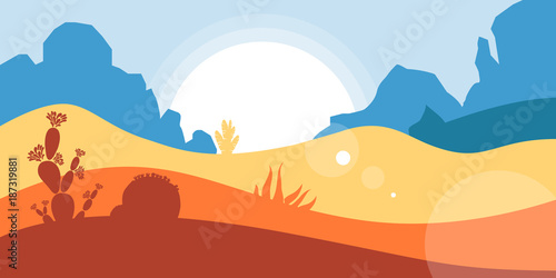 The landscape of the American desert with mountains and canyons, cacti and succulents. Preservation of the environment, ecology, tourism. Flat style. Vector illustration.