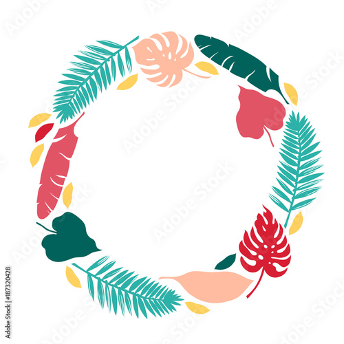 Card, invitation, banner with cacti, succulents and tropical leaves. Frame with tropical plants. Mammilia, prickly pear, haworthia, hathira, aloe, palm, monstera, hibiscus. Vector illustration.