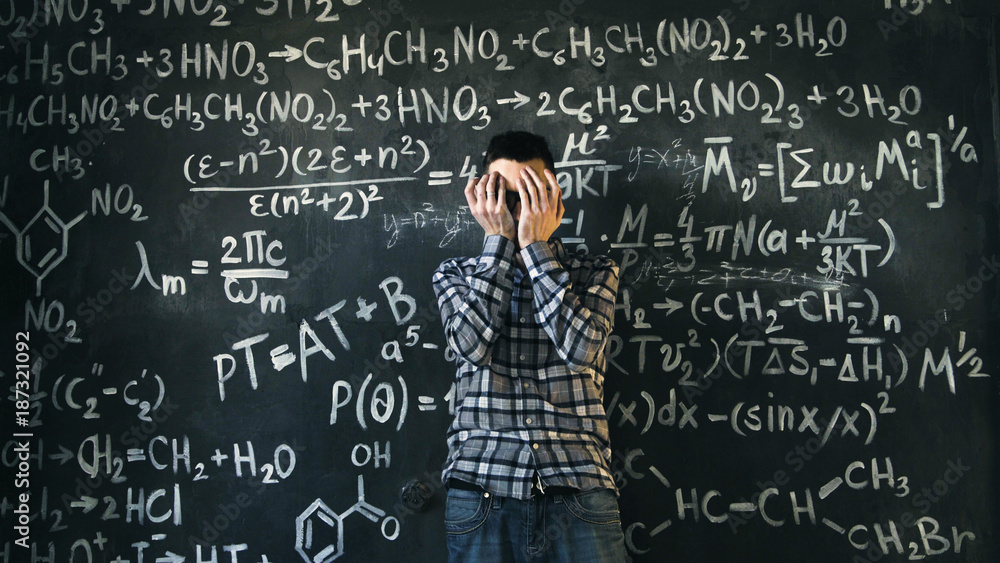 scientist man disappointed about problems experiment in chemical and mathematical equations room scientist man disappointed about problems experiment in chemical and mathematical equations room