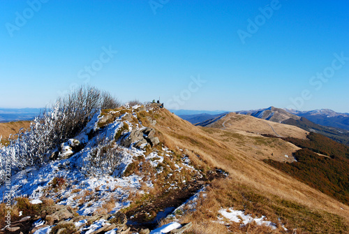 Beautiful landscape with first snow during autumn. Bieszczady National Park. Poland.