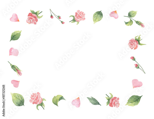 Watercolor vector frame from green leaves, flowers roses and hearts isolated ...