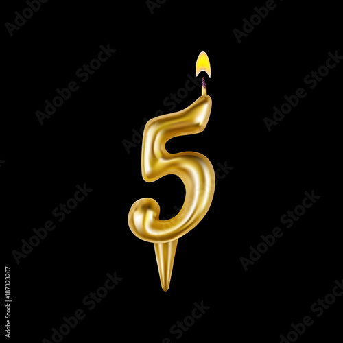Candle figure number five. For decoration party, birthday, new year and celebrations. Realistic style isolated on black background. 3d. Stock - Vector illustration for your design and business