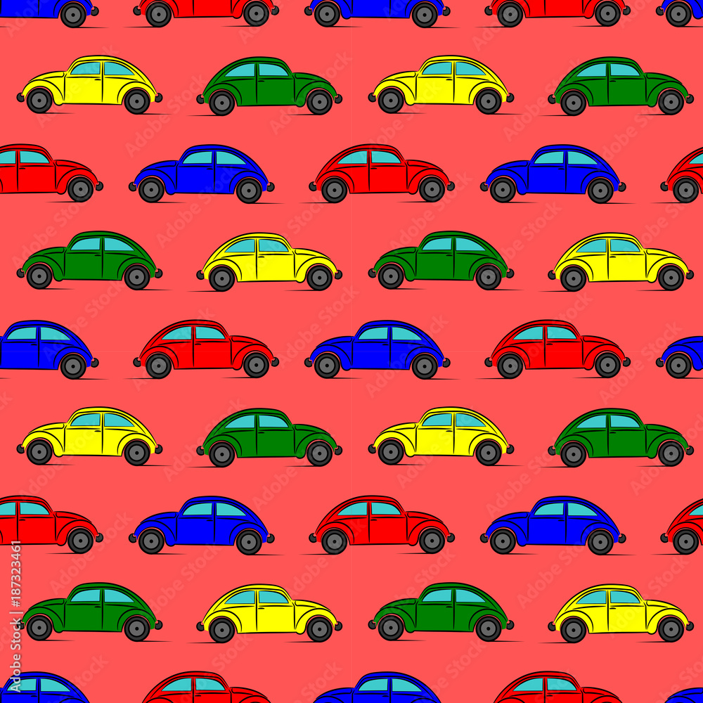 Bright seamless pattern with old fashioned vintage cars