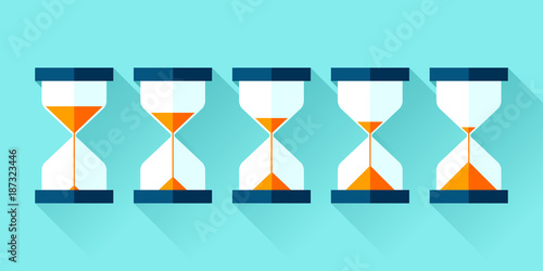 Hourglass icons set in flat style, sandglass on blue background. Vector design elements for you project 