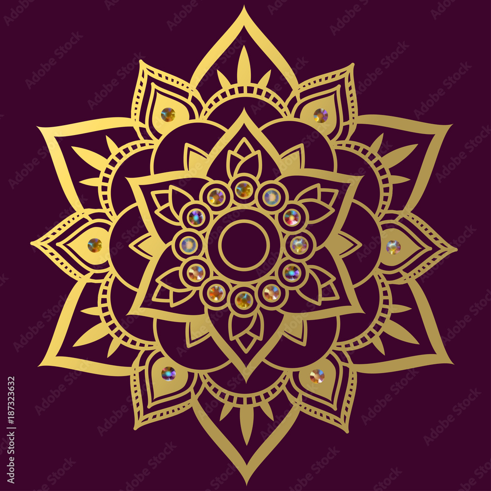 Mandala. Indian pattern. Gems. Dark background. Decoration. Gold. Ethnic ornament. Diamonds.