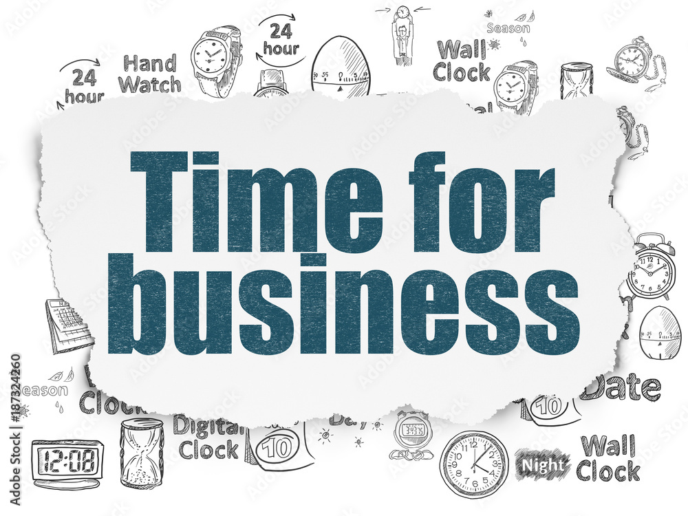 Obraz premium Time concept: Painted blue text Time for Business on Torn Paper background with Hand Drawing Time Icons