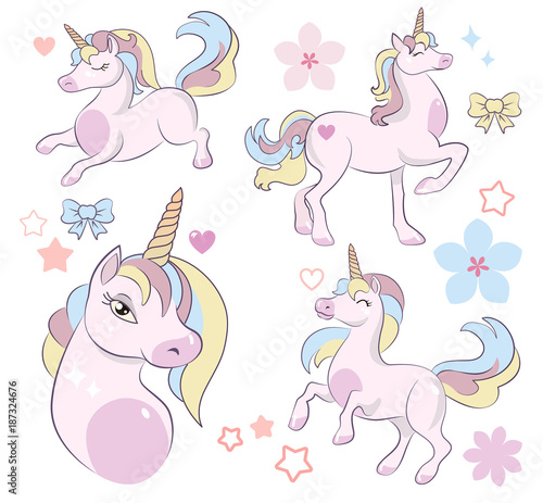 Set of cute pink unicorn, cartoon, vector illustration, head portrait sticker