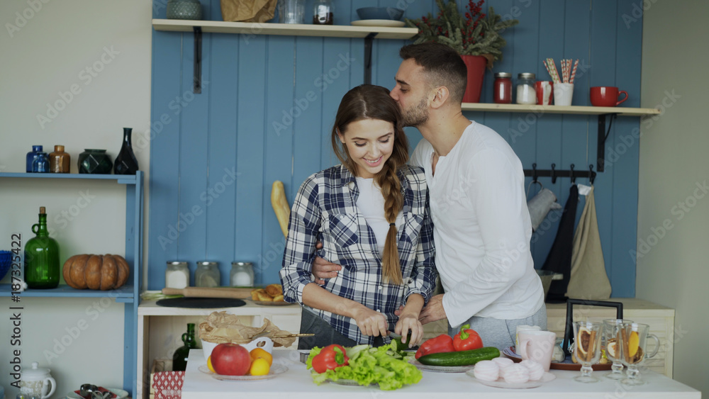Happy young couple in the kitchen. Attractive woman cooking while her boyfriend kissing her in the morning