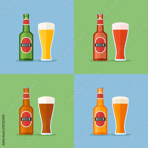 Set of bottle and glass with beer flat icons. Vector illustration.