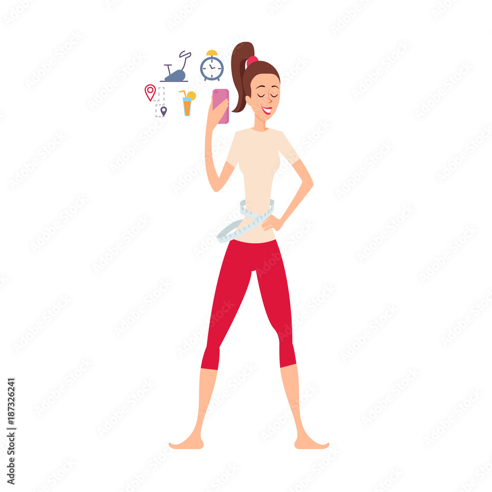 Woman using application for weight loss takes pictures of herself on a smartphone. Woman using application for weight loss takes pictures of herself on a smartphone.